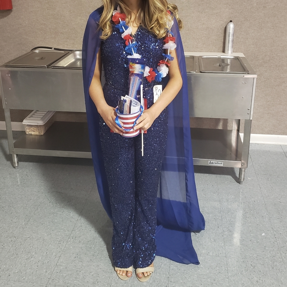 ✨Sequin Jumpsuit✨ Pageant Fun Fashion Primavera Cape Size 00 Navy Blue Prom